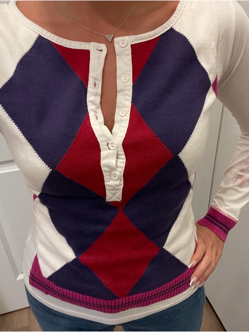 Women's White Argyle Henley Sweater with Navy & Red Accents